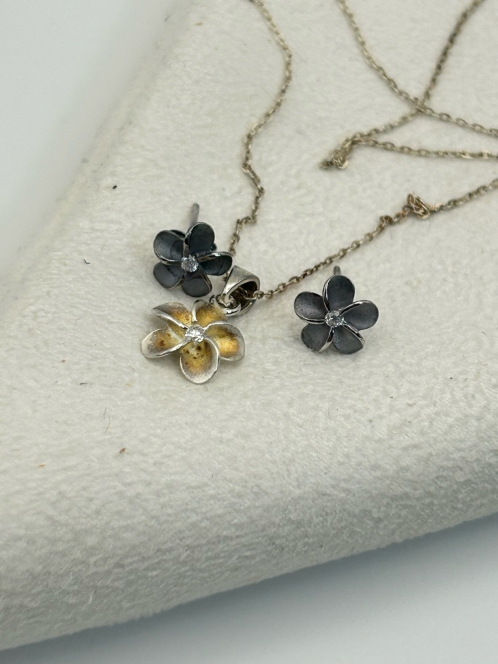 Sterling Silver Plumeria Necklace Earrings Set Stamped 925 Smoky Gray Studs